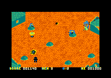 Who Dares Wins II (Amstrad CPC) screenshot: Another supply crate is dropping an there is a guy on the upper right using a mortar.