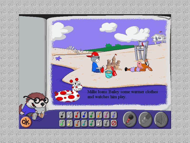 Stanley's Sticker Stories (Windows) screenshot: From here, the player can add music and sound effects, including the sound of ocean waves