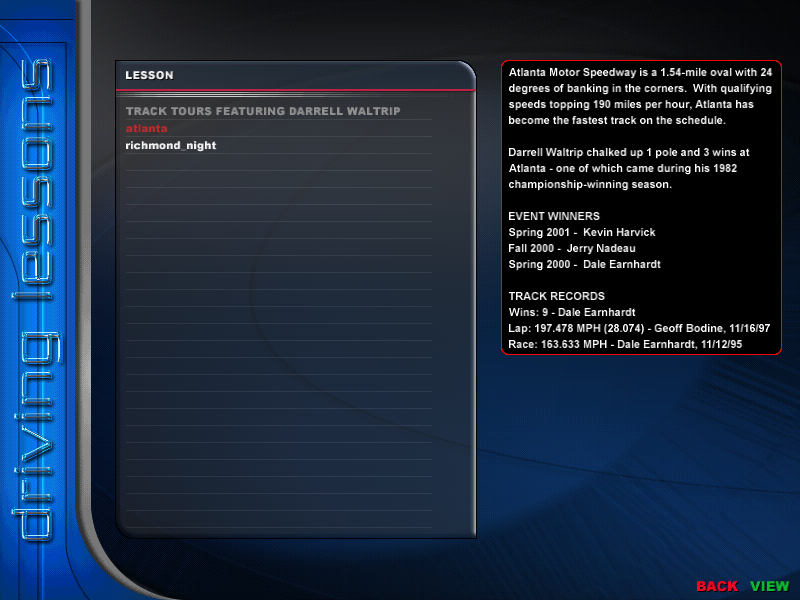 NASCAR Racing 2002 Season (Windows) screenshot: Driving lessons screen. (Demo Version)