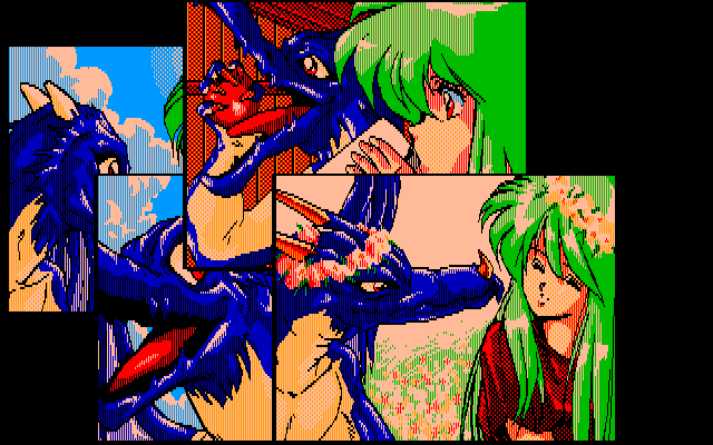 Emerald Dragon (PC-98) screenshot: The friendship between the dragon and the girl is described in several pictures, but it's very emotional. This game is just outstanding