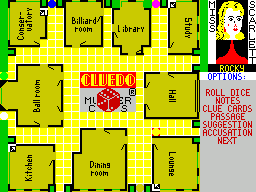 Cluedo (ZX Spectrum) screenshot: Miss Scarlet rolls first and moves to the bracketted square by the lounge automatically
