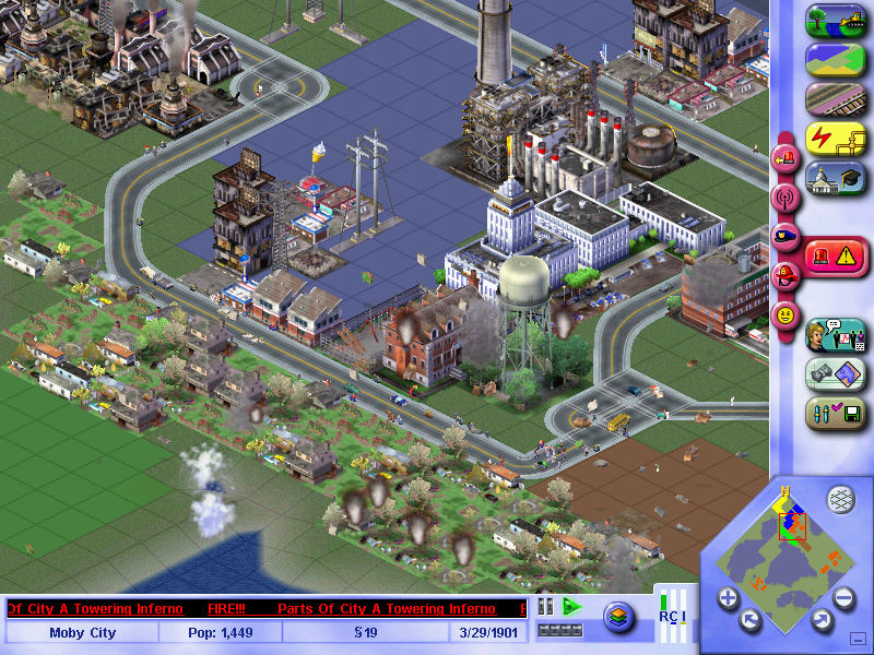 SimCity 3000 (Windows) screenshot: Riots ! Fires ! My my, the Moby denizens are a trouble making bunch ! I think I should spring for a jail after this.