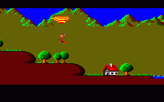 Paragliding (Amstrad CPC) screenshot: Green tree and a house represents an European panorama