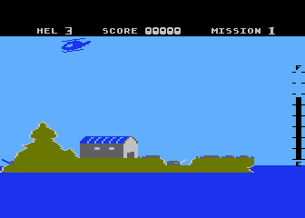 Blue Thunder (Atari 8-bit) screenshot: [Airwolf] Flying over a building.