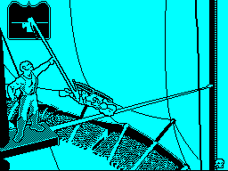 Fiendish Freddy's Big Top O' Fun (ZX Spectrum) screenshot: Making it across results in a twirling of the pole.