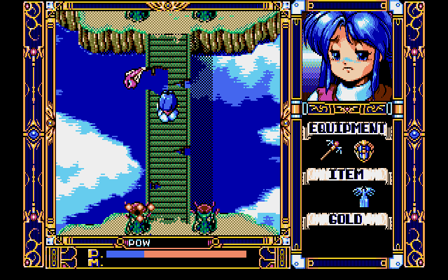 Fray in Magical Adventure (PC-98) screenshot: Battle on a narrow bridge