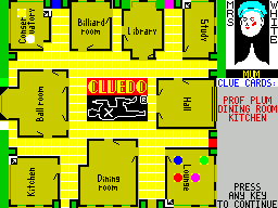 Cluedo (ZX Spectrum) screenshot: 'Clue Cards' shows the players own clue cards