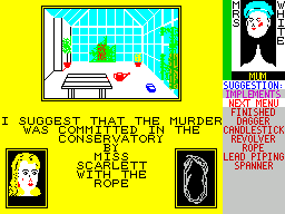 Cluedo (ZX Spectrum) screenshot: Making a suggestion : .. then choose the weapon