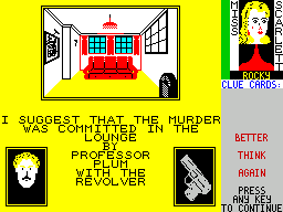 Cluedo (ZX Spectrum) screenshot: If a human player does not answer the question ' do you have a card?' truthfully the game corrects them