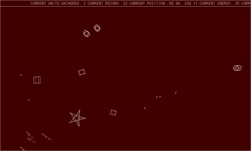 Kryzta (Windows) screenshot: Not too hectic at the moment. I am the tiny circle, halfway up the screen on the left. The one that all the homing missiles are coming for.