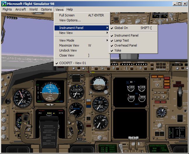 VIP Classic Wings 98: Volume One (Windows) screenshot: The Boeing 757 cockpit showing the instrumentation options