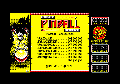 Advanced Pinball Simulator (Amstrad CPC) screenshot: The high scores