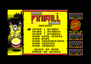 Advanced Pinball Simulator (Amstrad CPC) screenshot: Title screen and main menu