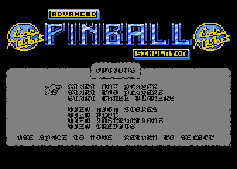 Advanced Pinball Simulator (Atari 8-bit) screenshot: Title screen and main menu
