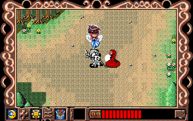 Magic++: Nariyuki Makase no Nijiiro Yūsha (PC-98) screenshot: Piroron is killed by a red guy. Requiem aeternam