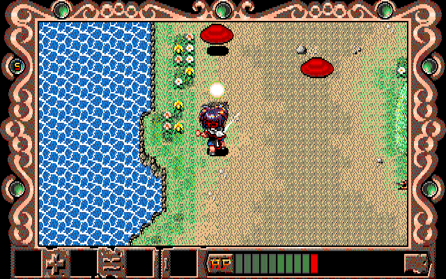 Magic++: Nariyuki Makase no Nijiiro Yūsha (PC-98) screenshot: Killing some red slimy guys