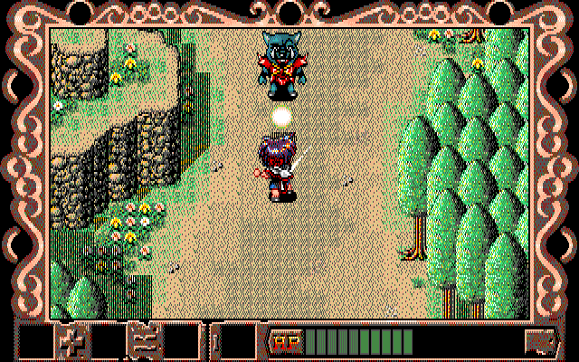 Magic++: Nariyuki Makase no Nijiiro Yūsha (PC-98) screenshot: Fighting a wolf, or whatever it is