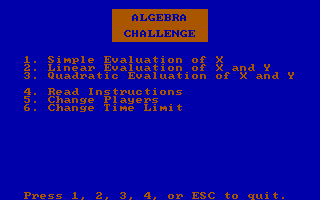 Schoolhouse (DOS) screenshot: 'Algebra Challenge' sub menu