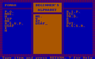 Schoolhouse (DOS) screenshot: Playing the 'Beginner's Alphabet'