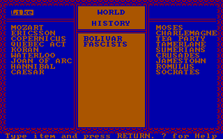 Schoolhouse (DOS) screenshot: Playing the 'World History'