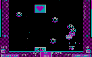 Bedlam (DOS) screenshot: In this version, pickups appear on top of destroyed platforms. The heart gives an extra life.