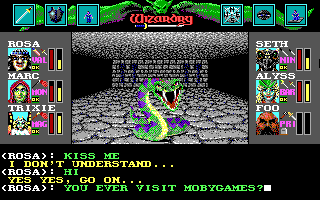 Wizardry: Bane of the Cosmic Forge (DOS) screenshot: Dialogue with a cool friendly snake. You can type whatever you want. It looks like we are having a great conversation!