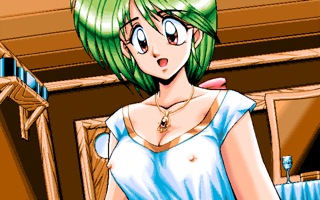 Mug-R (PC-98) screenshot: Crith... before we discuss anything further... could you please wear a bra?