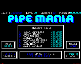 Pipe Dream (BBC Micro) screenshot: Title and High score screen