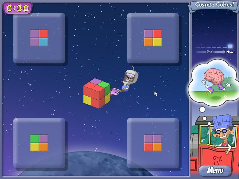 The Amazing Brain Train! (Windows) screenshot: Finding the corresponding colors on the rotating cube.
