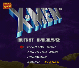 X-Men: Mutant Apocalypse (SNES) screenshot: Main menu