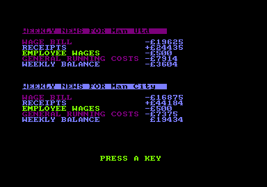 2 Player Soccer Squad (Amstrad CPC) screenshot: The weekly news for each team.