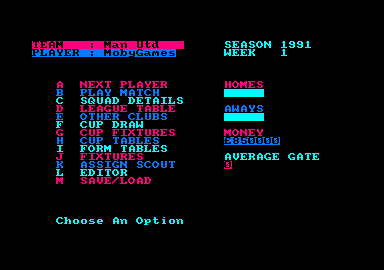 2 Player Soccer Squad (Amstrad CPC) screenshot: 1991 season, week 1