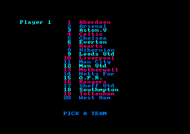 2 Player Soccer Squad (Amstrad CPC) screenshot: Player 1, pick a team then enter your name. Next, player 2 does the same.