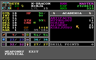 Wizardry: Bane of the Cosmic Forge (DOS) screenshot: High-level male dracon ninja character with his Academia skills displayed