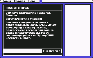Earth Orbit Stations (Commodore 64) screenshot: Mission briefing. (The manual provides tips for the first 5 missions.)