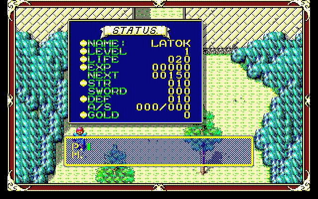 Xak: The Art of Visual Stage (PC-98) screenshot: Checking the stats