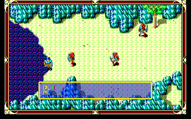 Xak: The Art of Visual Stage (PC-98) screenshot: Crazy red dudes are trying to kill me while I'm standing in a pool of poisonous water. I don't think it was part of the job description