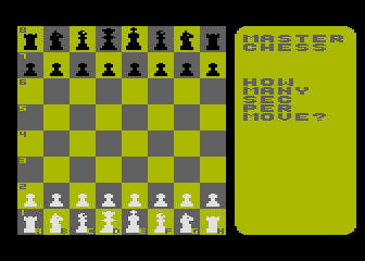 Master Chess (Atari 8-bit) screenshot: How many seconds per move?