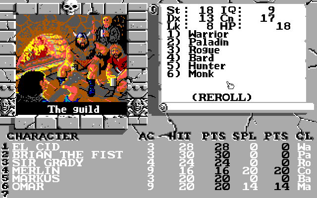 The Bard's Tale II: The Destiny Knight (PC-98) screenshot: Character creation in progress... you have some interesting class choices