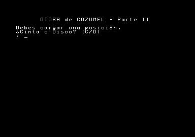 La Diosa de Cozumel (Commodore 64) screenshot: To load part two, you need a position. Is it on tape or disk?