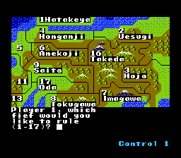 Nobunaga's Ambition (NES) screenshot: Which fief do you want to rule?