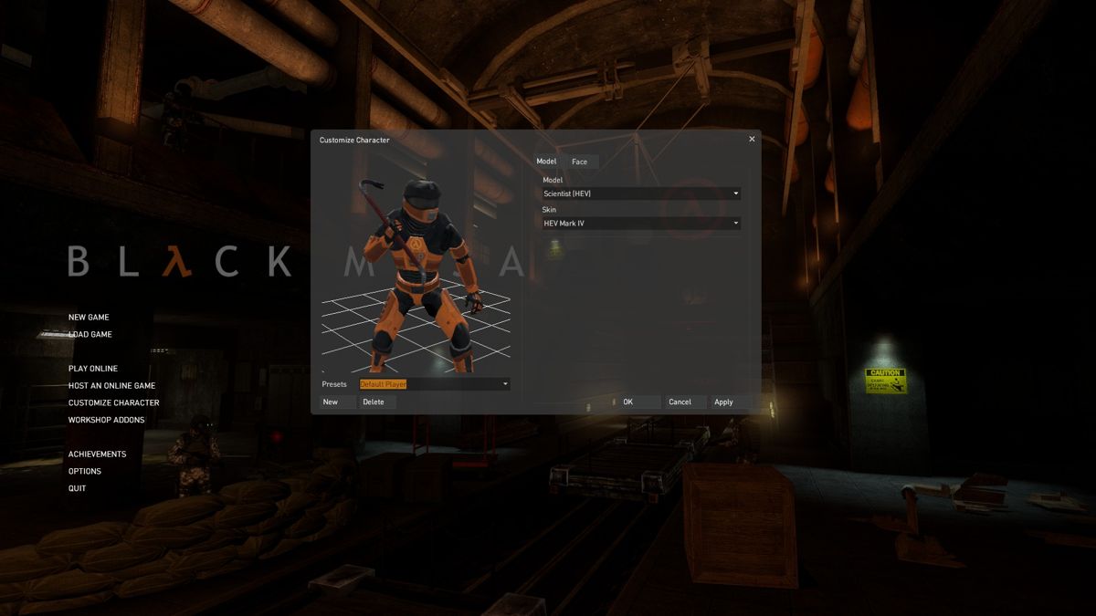 Black Mesa (Windows) screenshot: Multiplayer character customization.