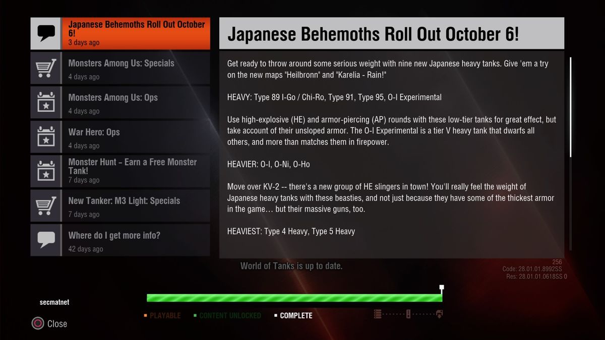 World of Tanks (PlayStation 4) screenshot: Japanese Behemoths Roll Out Update - In-game info about the new things added