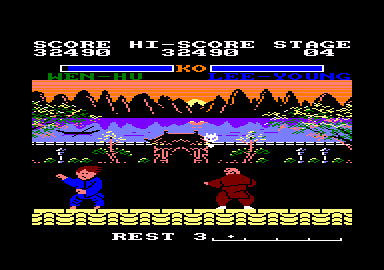 Yie Ar Kung-Fu 2: The Emperor Yie-Gah (Amstrad CPC) screenshot: Wen-Hu has this mask that flies at you.