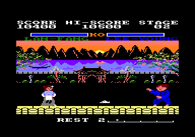 Yie Ar Kung-Fu 2: The Emperor Yie-Gah (Amstrad CPC) screenshot: Your second opponent, Lan-Fang. Much like Fan from Yei Ar Kung Fu, except her fans don't fly in a curve.