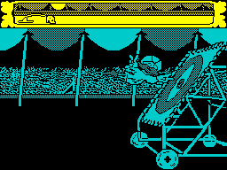 Fiendish Freddy's Big Top O' Fun (ZX Spectrum) screenshot: The trampoline is moved closer with each round.