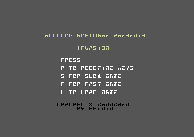 Invasion (Commodore 64) screenshot: Title screen and main menu