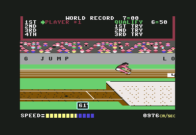 Track & Field (Commodore 64) screenshot: Doing the long jump.