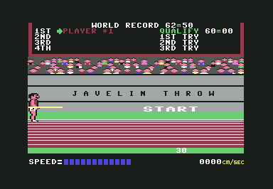 Track & Field (Commodore 64) screenshot: Ready to do the javelin throw.