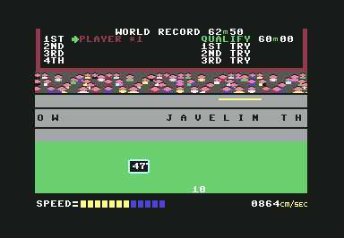 Track & Field (Commodore 64) screenshot: She's flying.